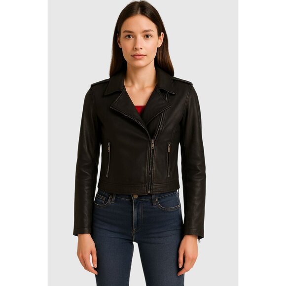 Hidden Jeans Cropped Black Faux Leather Moto Jacket Womens L - Picture 1 of 13